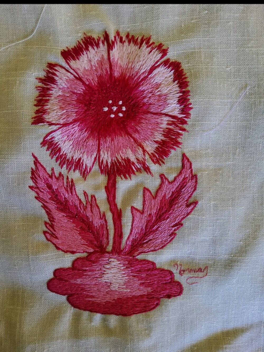 Signed Hand Embroidery Floral Fabric Panel Vintage Silk Stitch Pink Red Flower